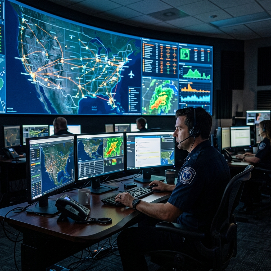 AirMedHub coordination center with flight dispatch screens