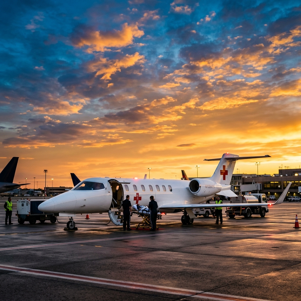 Air ambulance jet on tarmac at dusk