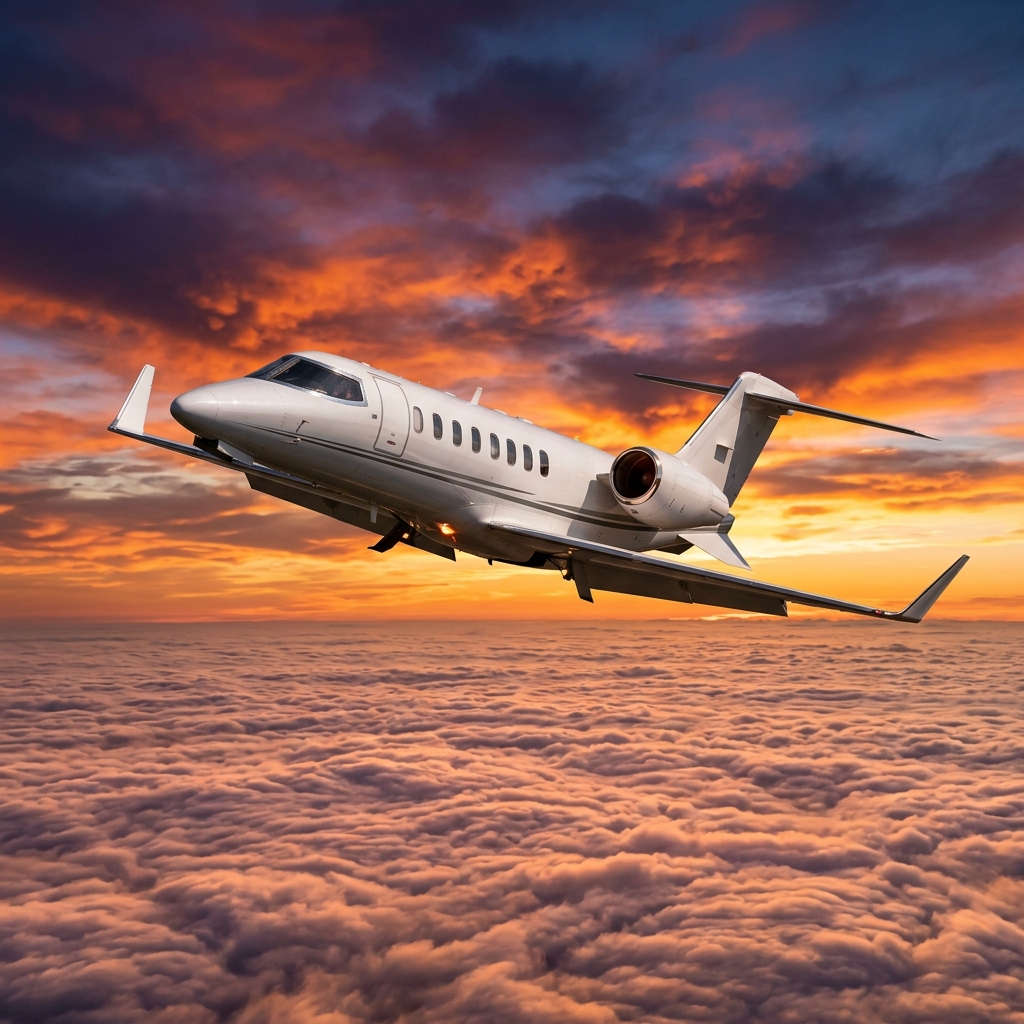 Air ambulance jet flying above clouds at sunset