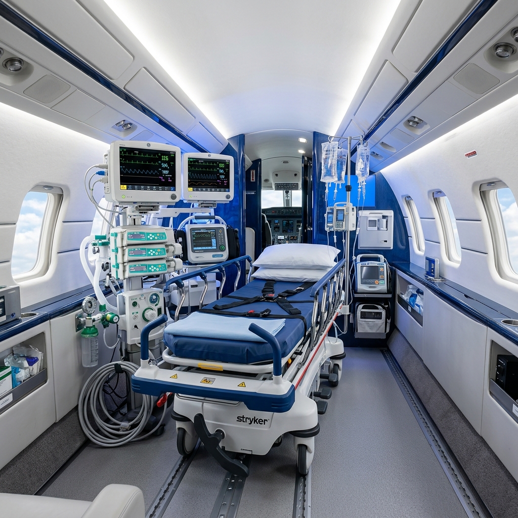 Air ambulance jet interior configured as flying ICU
