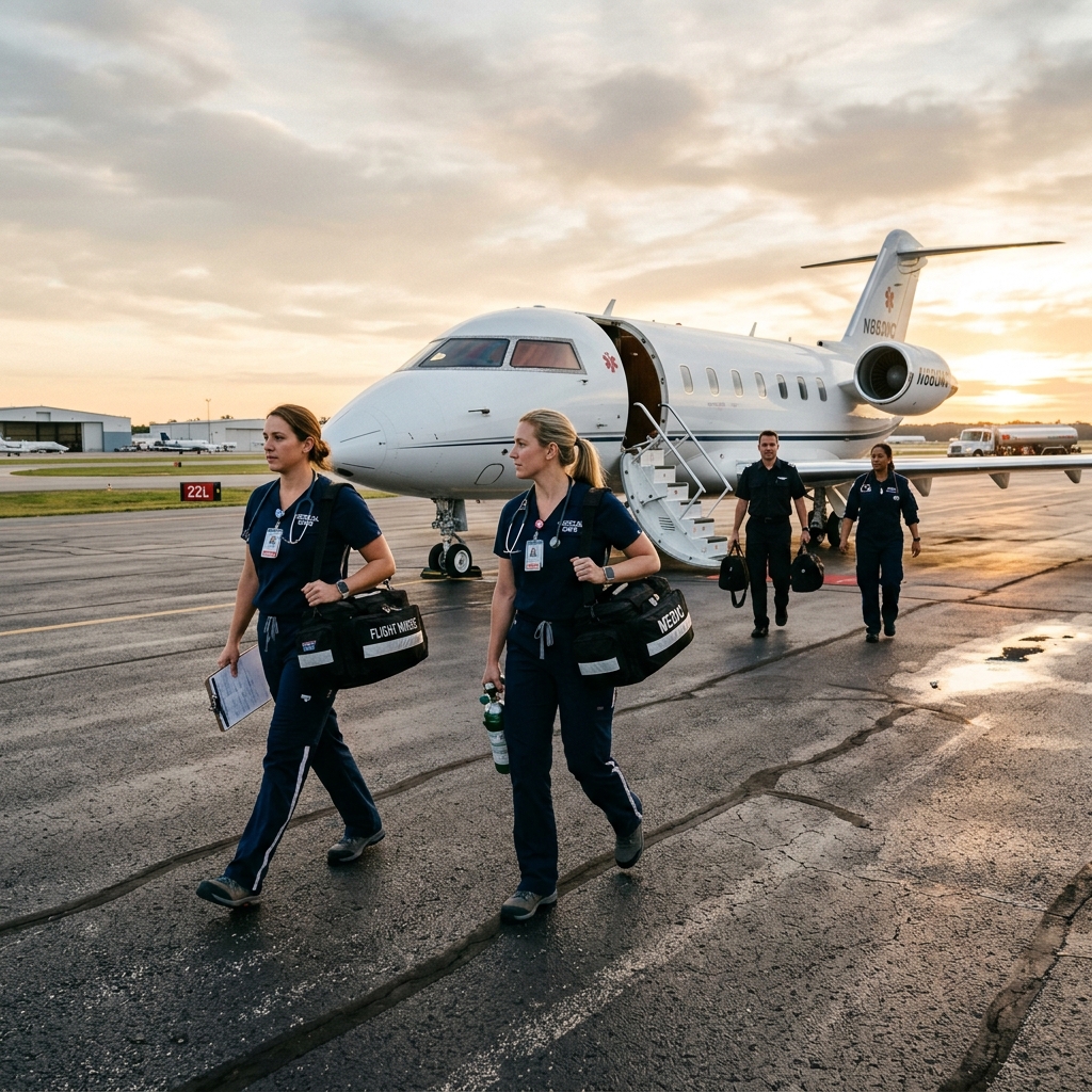 Medical flight crew walking to aircraft