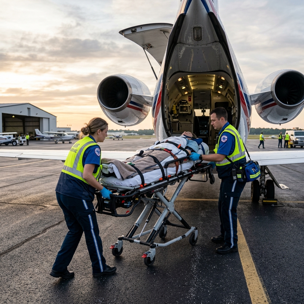Patient being loaded into air ambulance jet